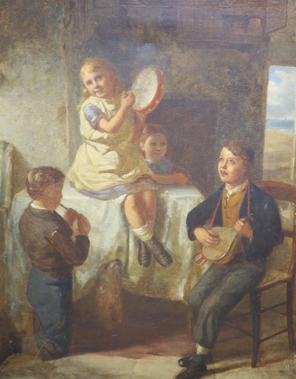 MR (19th century), oil on canvas, Children playing musical instruments, initialled, 60 x 49cm